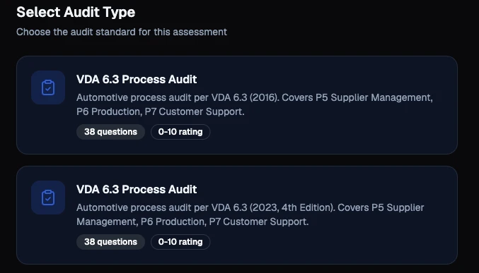 Choosing a standard in Qualiteh Audit — VDA 6.3 (2016 and 2023), or import your own